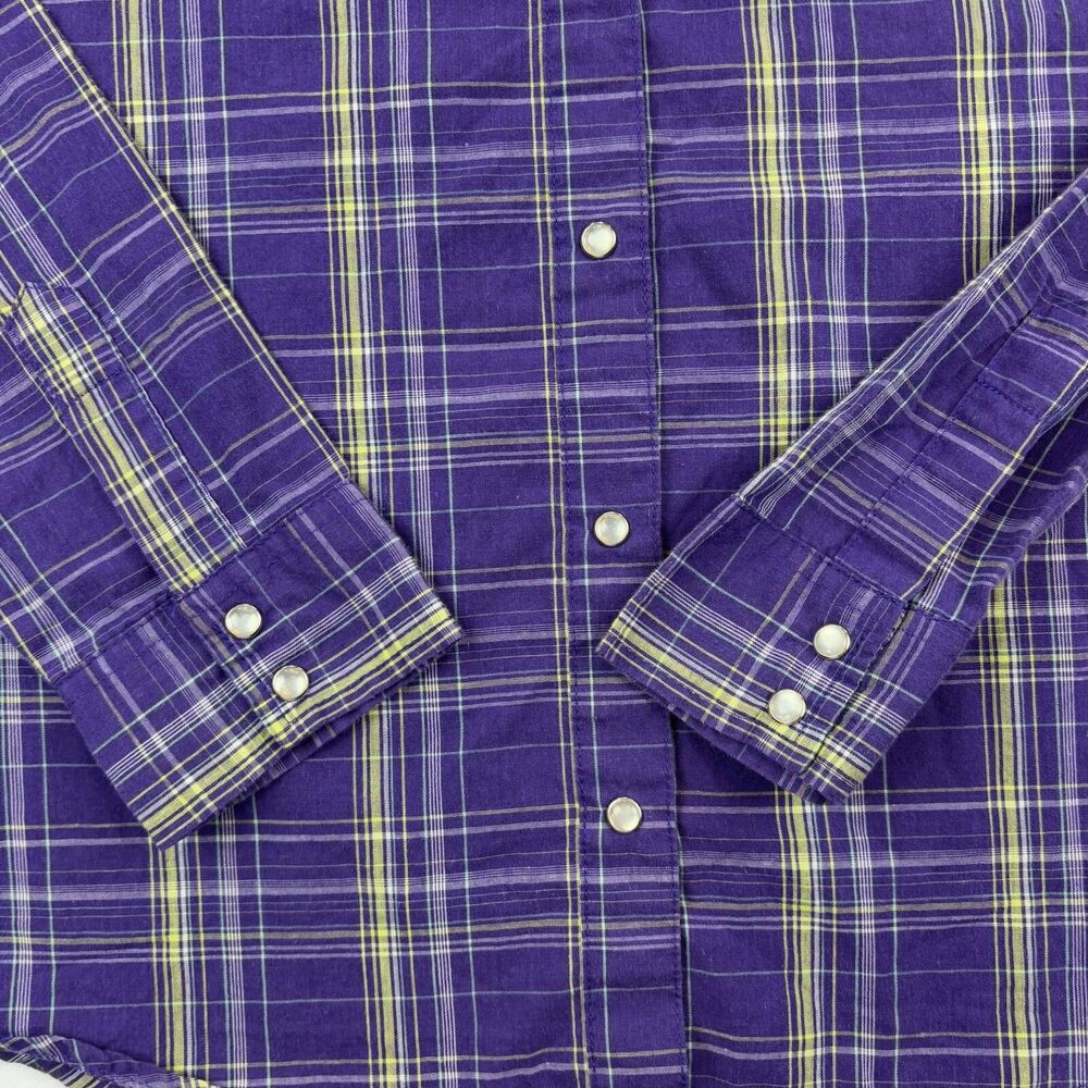 Pearl Snap Western Shirt Sawtooth Pockets Womens Large Purple Plaid Wrangler - Picture 6 of 9